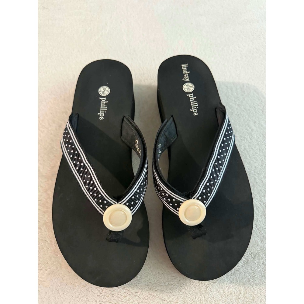 Lindsay Phillips Womens 9 Black Flip Flops SwitchFlops Polka Dot Wedge Sandals